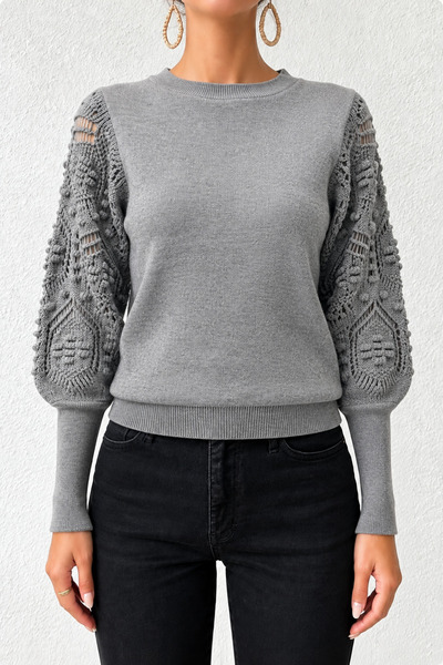 hanope Women's Crew Neck Half Fisherman Sleeve Lace Detailed Gray Sweater