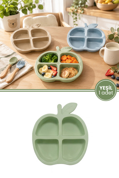 12den Elma Figürlü 4 Bölmeli Bebek Mama Tabağı, Ek Gıda Beslenme Tabağı Plastik BPA Free Yeşil