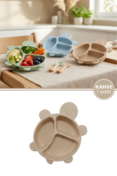 12den Kaplumbağa Figürlü 3 Bölmeli Bebek Mama Tabağı, Ek Gıda Beslenme Tabağı Plastik BPA Free Bej