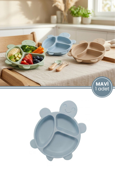 12den Kaplumbağa Figürlü 3 Bölmeli Bebek Mama Tabağı, Ek Gıda Beslenme Tabağı Plastik BPA Free Mavi