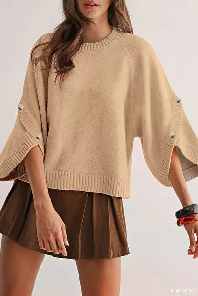 TOZLU Beige Gülseli Crew Neck Sweater with Cuff Detail