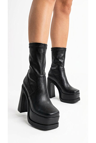 Limeo Women's Platform Sole Thick Heeled Shiny Stretch Short Boots