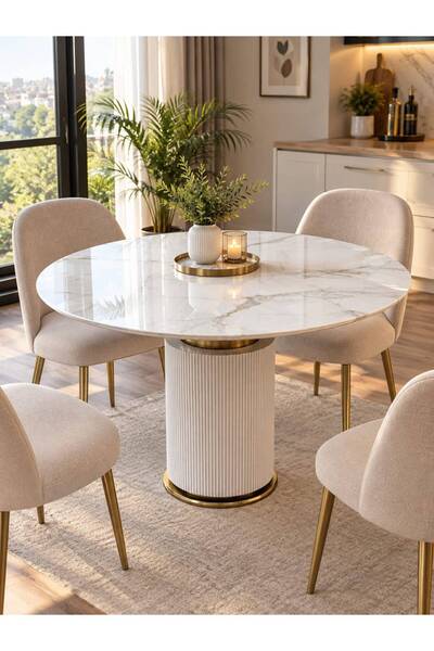 Buket Dekor Seramik Yemek Masası 100x110 cm – 12 mm MDF Gövde, Modern Oval Ma...