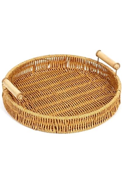 Yelajoy Rattan Fruit Plates with Wooden Handle Round Basket Home Kitcken Picn...