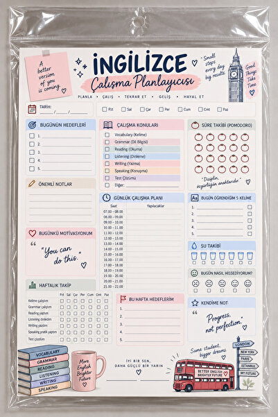 Atölye Prana A5 İngilizce Çalışma Planlayıcısı – 50 Yaprak İngilizce Ders, Ke...