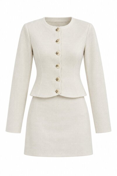 Laluvia Ecru Cardigan and Skirt Two-Piece Set - 2Y0611