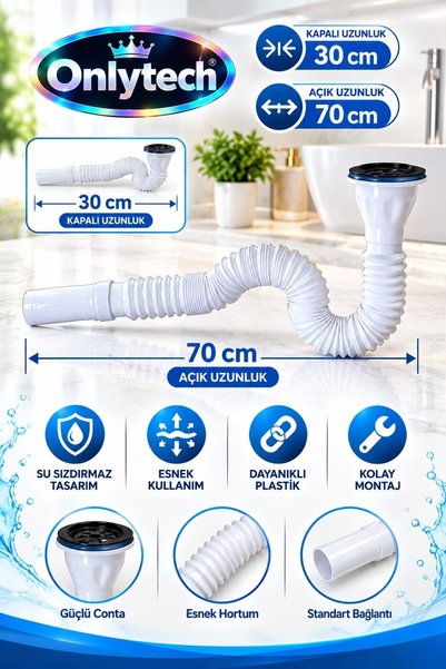 OnlyTech Krom Süzgeçli Körüklü Lavabo Ve Mutfak Sifonu kapalı 30 cantim ,açık 70 cantim beyaz