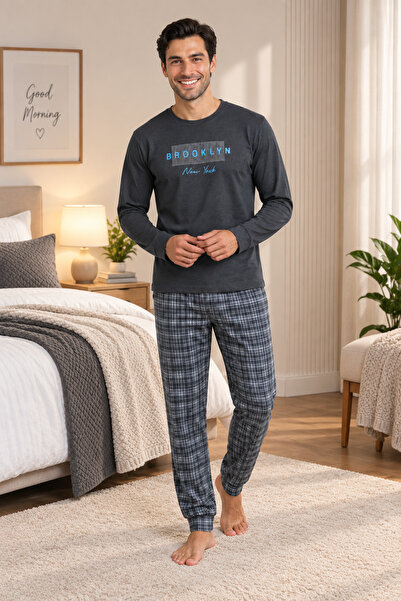 FALKOM 5804 Interlock Winter Thick Fabric Plaid Pajamas Men's Home Pajama Set