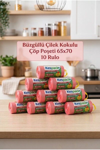 KESPACK Büzgüllü Çöp Poşeti Çilek Kokulu 65x70 cm Büyük Boy 10 Rulo Dayanıklı...