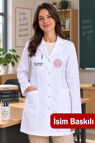 ZENG Kadın Öğretmen Önlüğü İsim Baskılı Uzun Kol Uzun Boy Beyaz Önlük – Dijit...