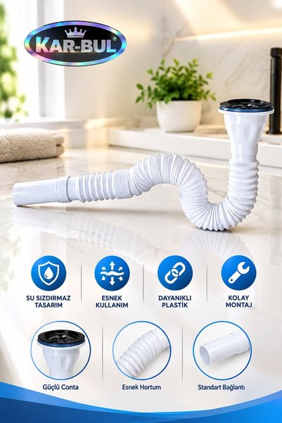 OnlyTech Krom Süzgeçli Körüklü Lavabo Ve Mutfak Sifonu kapalı 30 cantim ,açık 70 cantim beyaz