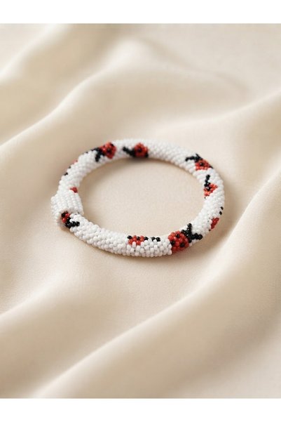 GENCATELİER Handmade White Ladybug Bead Knitted Bracelet - Lucky Bracelet - Gift Jewelry Inner Diameter: 5.5 cm