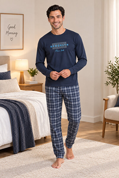 FALKOM 5804 Interlock Winter Thick Fabric Plaid Pajamas Men's Home Pajama Set