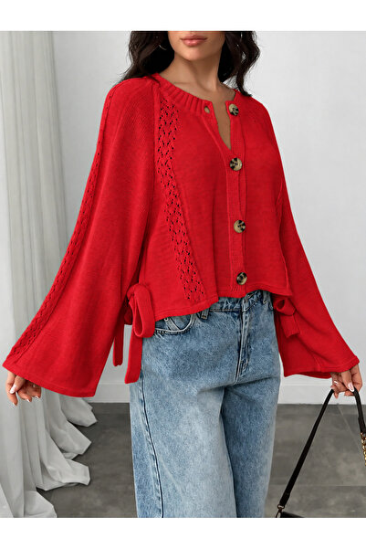 S.ÇLK Women's Ecru Openwork Side-Tie Wide Sleeve Buttoned Short Knitwear Cardigan