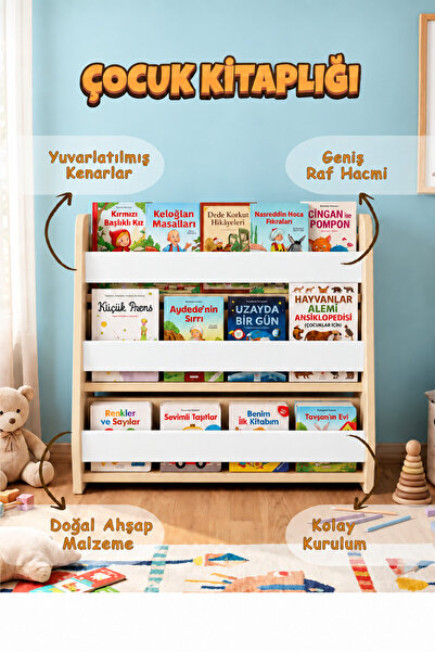 Wooden Factory Montessori Ahşap Yer Kitaplığı 50x50 Kitaplık Beyaz