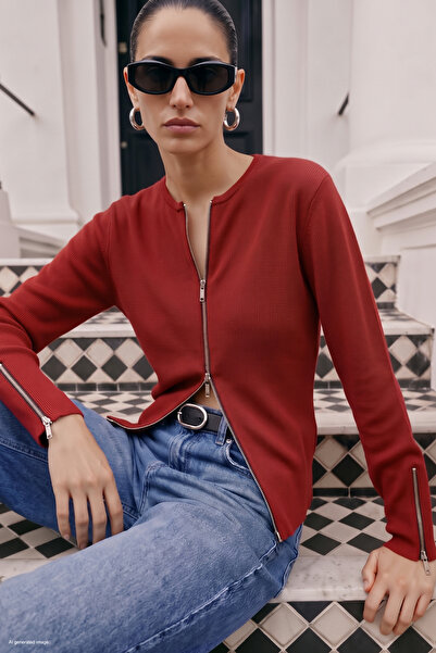 Sateen Kollları Fermuar Detaylı Hırka - Kırmızı