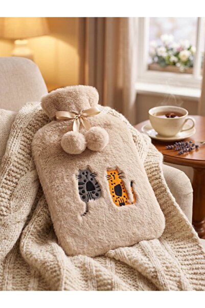 Butik Sevimli Kedi Nakışlı Peluş Sıcak Su Torbası