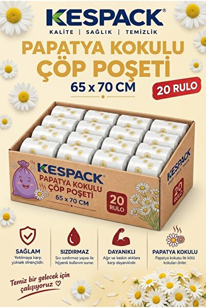 Büzgüllü Çöp Poşeti Papatya Kokulu 65x70 cm Büyük Boy 20 Rulo Dayanıklı Sızdırmaz Çöp Poşeti