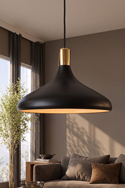 Marrien Nova Gold Detaylı Siyah Metal Sarkıt (35 cm) Yemek Masası Üstü Avize ...
