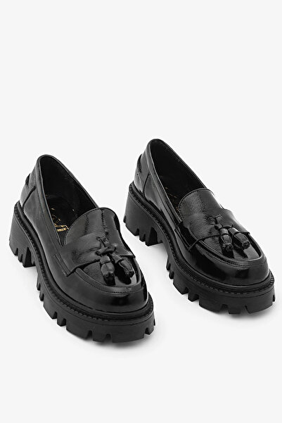SAYL Black Patent Leather Genuine Leather Tasseled Thick Sole Women's Loafer ...