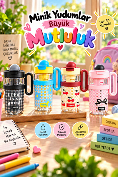 House Bird Renkli Çocuk Matarası Pipetli Kulplu Suluk Okul Kreş Spor İçin Pra...