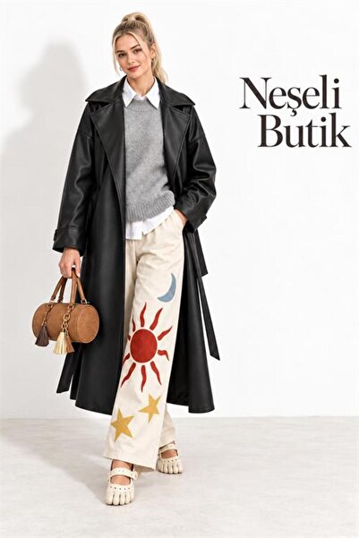 Neşeli Butik Women's Black Sleeve Detailed Full-Length Faux Leather Belted Pr...
