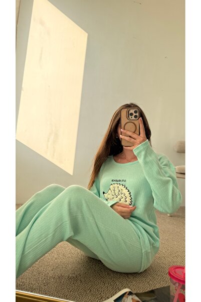 Hepsi Moda Kirpi Peluş Kabartmalı Pijama Takımı - Su Yeşili