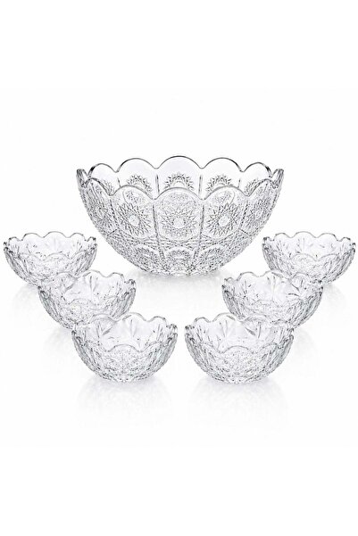 JML Bol din Sticlă 7/set, Model Cristal Floral, cu 6 Boluri Mici și Bol Mare