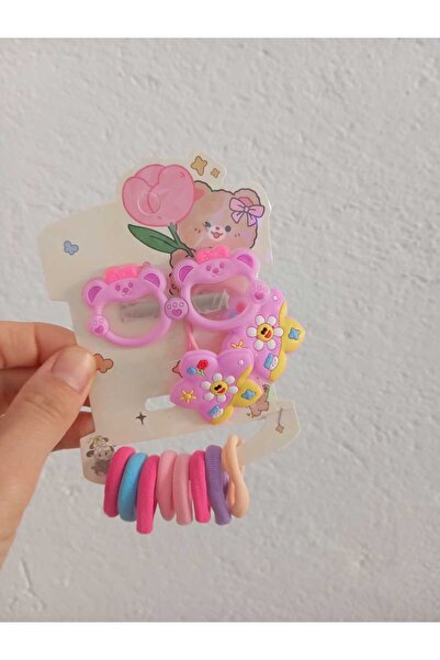 🎀 10'lu Çocuk Toka Seti – Sevimli Ayıcık Gözlük Pens Tokalar & Rengarenk Lastik Tokalar