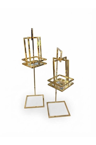 DİZAYNOMİ Gold İkili Fener – Modern Geometrik Tasarımlı Dekoratif Metal Mumlu...