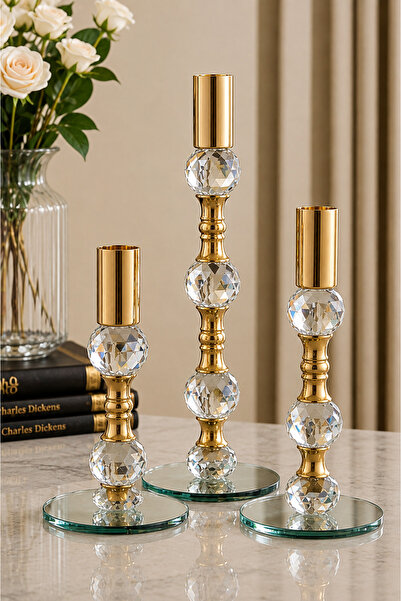 Ahlat Store Lüks Gold Renk Cam Kristal Detaylı Masa Üstü Şamdan Seti Mumluk S...