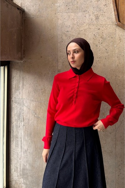 fayaboutique.com Kırmızı Button Triko Kazak