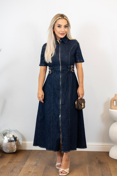 Muna Boutique Gold Detailed Denim Dress