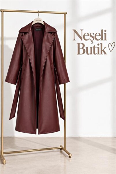 Neşeli Butik معطف نسائي طويل من الجلد الصناعي باللون العنابي مع حزام وتفاصيل ...