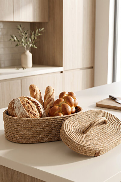 Villadia Home Textile Dekoratif Jüt Örme Kapaklı Ekmek Sepeti Mutfak Sepeti E...
