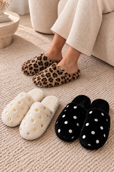 Beyond 3’lü Bej Puantiye - Siyah Puantiye - Taba Leopar Peluş Kapalı Burun 3 Cm Tabanlı Ev Terliği Seti BYNDSET01