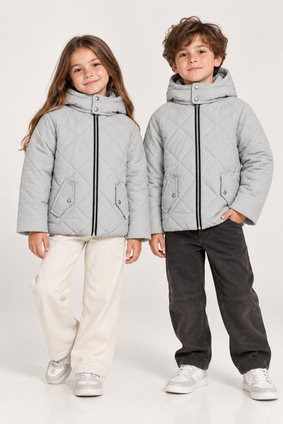 Tonny Black Çocuk Unisex Gri Normal Kalıp Baklava Detaylı Kapüşonlu Mont