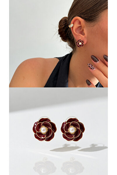 ANKA JEWELLRY Women's Steel Burgundy Flower and Pearl Detail Earrings