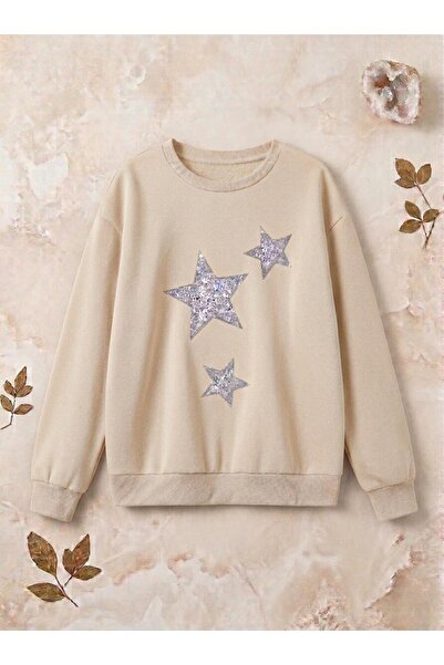 UNCİA OUTDOORS Women's 3 Star Printed Oversized Crew Neck Sweatshirt