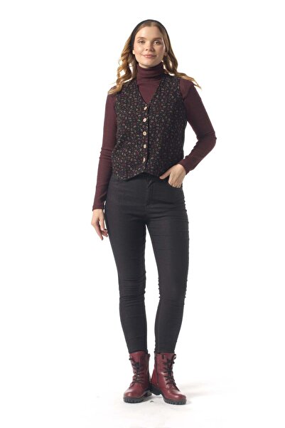 Eliş Şile Bezi Silk Flannel Shawl Patterned Buttoned Winter Sleeveless Vest B...