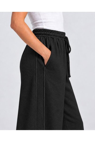 TENA Women's Black Elastic Waist Wide Leg Sweatpants