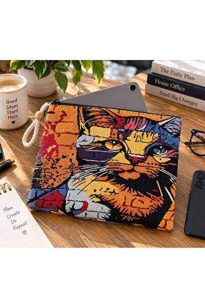 618 CONCEPT Colorful Cat Patterned Tapestry Tablet Bag with Zipper 26.5X22.5 cm