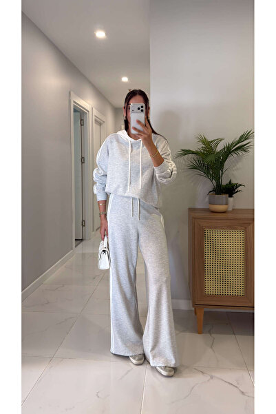 BİRCANÇİL Yotte Gri Şeritli Kapüşonlu Sweat Pantolon Takım