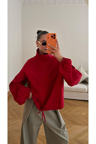 My Blog Red Sleeves Gathered Stand Collar Parachute Jacket - 5167