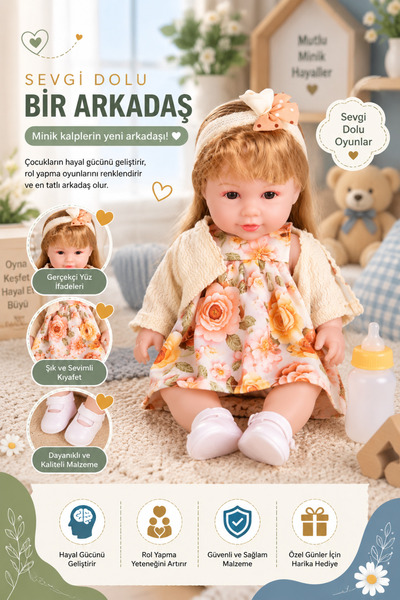 hak-iş oyuncak 30 Cm Yeni Doğmuş Bebek Oyuncak | Çiçekli Elbiseli Gerçekçi Yü...