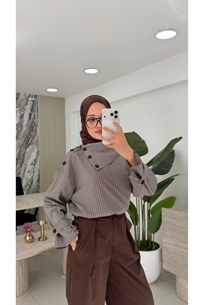 ALLWIN Çizgili Düğme Detaylı Oversize Gömlek