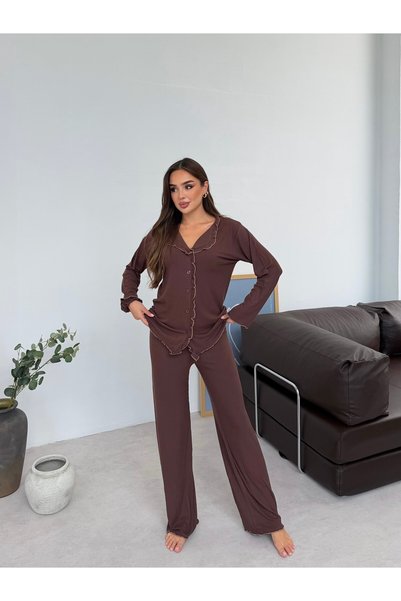 MJAMASS Brown Ruffle Detailed Buttoned Cotton Pajama Set
