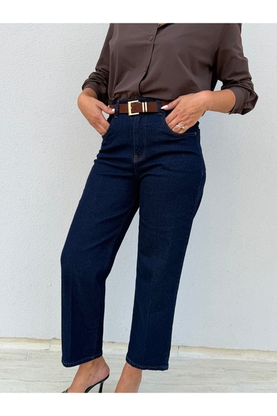 Lacivert Kemerli Mom Jeans