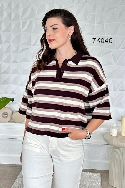 İnce Topuk Polo Collar Striped Knitwear Blouse 7K046
