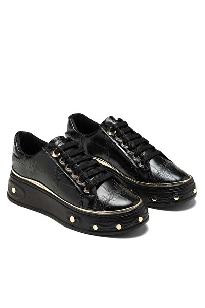 Dedos Kadın Siyah Rugan Kroko Baskılı Gold Zımba Detaylı Kalın Taban Sneaker ...